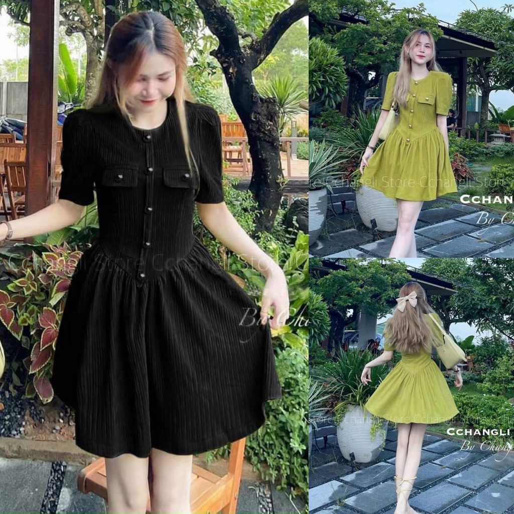 Đầm Váy Nữ Dáng Xoè Xếp Ly Chất Thun Gân Cổ Tròn Nút Đóng Thời Trang Kiểu Cách Đi Chơi, Đi Dự Tiệc, Dạ Hội Hoặc Công Sở