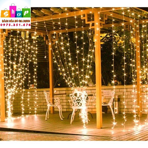 Đèn Rèm mành 3x3m 10 Dây Thả, Đèn Led Rèm Mưa Màu Vàng Ấm Trang Trí Background-Giadung24h