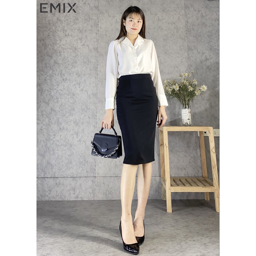 Mix chân váy bút chì với áo sơ mi cổ vest thời trang, set 2 sản phẩm EMIX