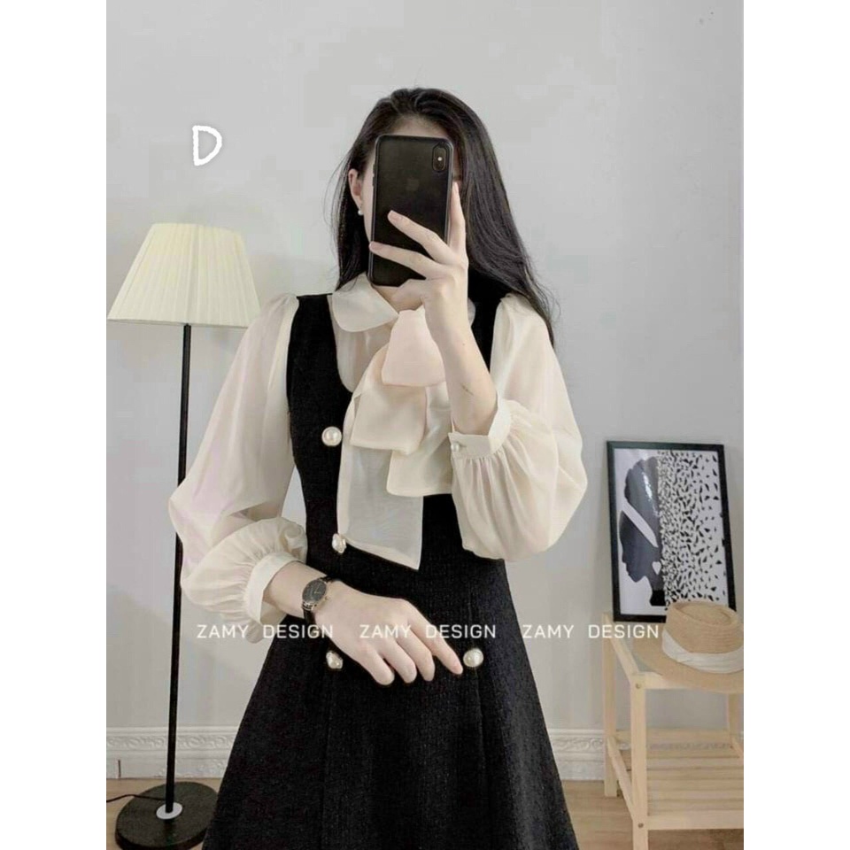 Đầm công chúa dự tiệc, đầm đen tiểu thư đính nút cột nơ cổ phối tay voan, đầm tay phồng bánh bèo đi chơi dễ thương