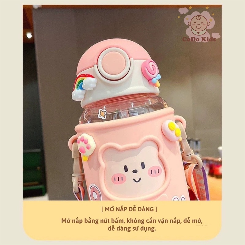 Bình nước kèm dây đeo gấu 620ml gấu siêu cute kèm sticker siêu xinh luôn