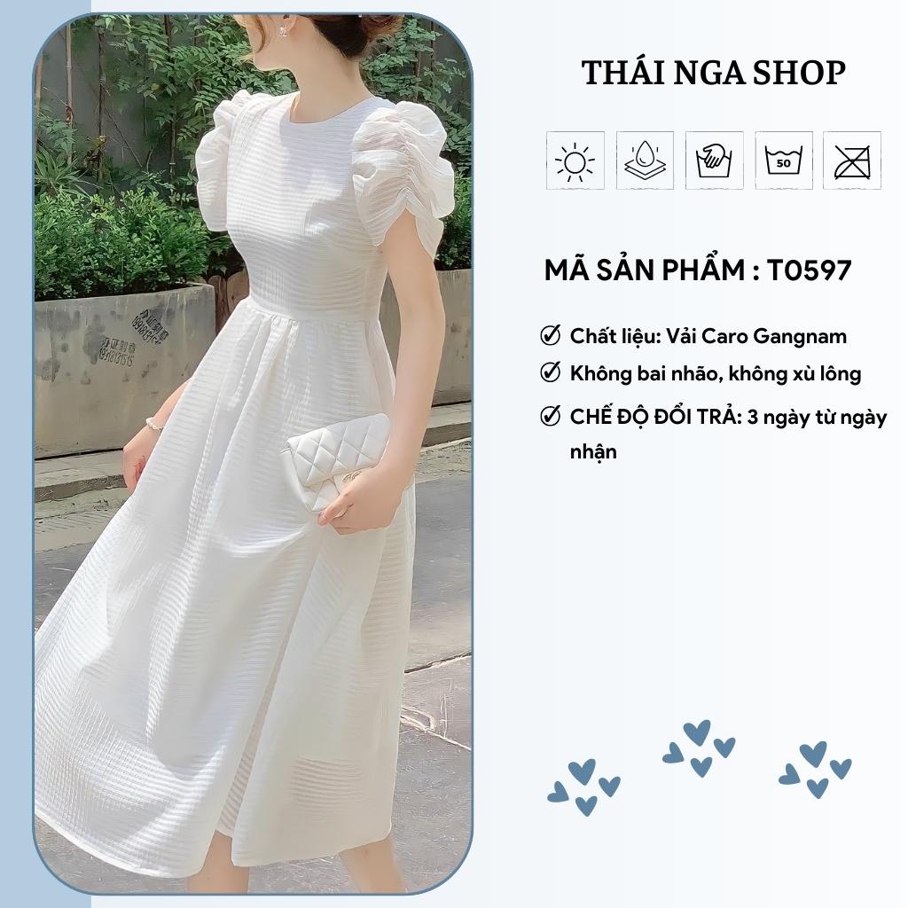 Váy tiểu thư dự tiệc tay phồng cổ tròn mặc dự tiệc Trắng Đen Xanh Bơ Thaingashop D0597