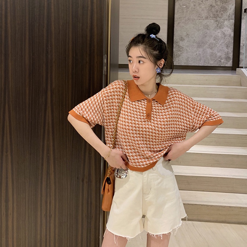 IELGY Áo dệt kim tay ngắn cổ polo dáng rộng thời trang mùa hè phong cách Hàn Quốc