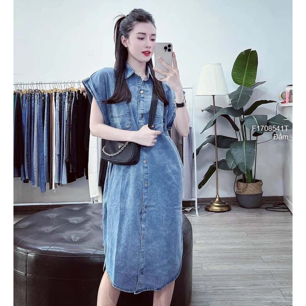 Đầm jean sơ mi dáng suông nút có túi tay con!
