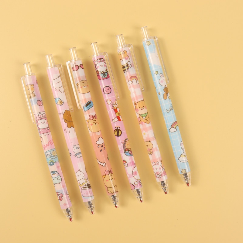 Set 6 Bút Mực Gel Ngòi 0.5 Mực Đen Hình Gấu Hoạt Hình Đáng Yêu