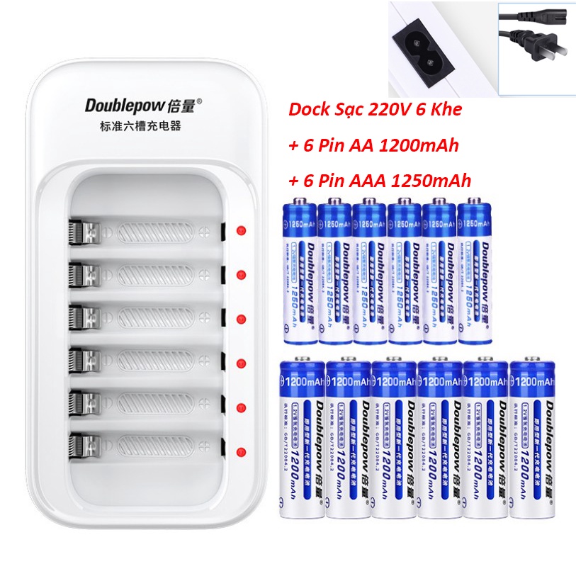 Combo Sạc 6 Khe Kèm 12 Viên Pin Sạc (6 Pin Sạc AA Doublepow 1200mAh  và 6 Pin AAA 1250 mha)