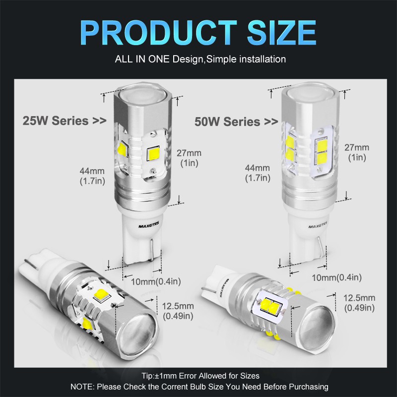 Set 2 Bóng Đèn LED MAXGTRS  T10 194 168 920 912 921 25w 50w Dành Cho Xe Ô Tô