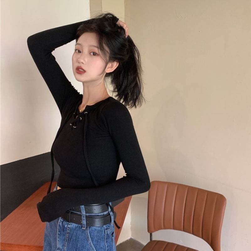 Áo thun COZOKC tay dài dáng ôm thiết kế dây đan chéo phong cách Hàn Quốc