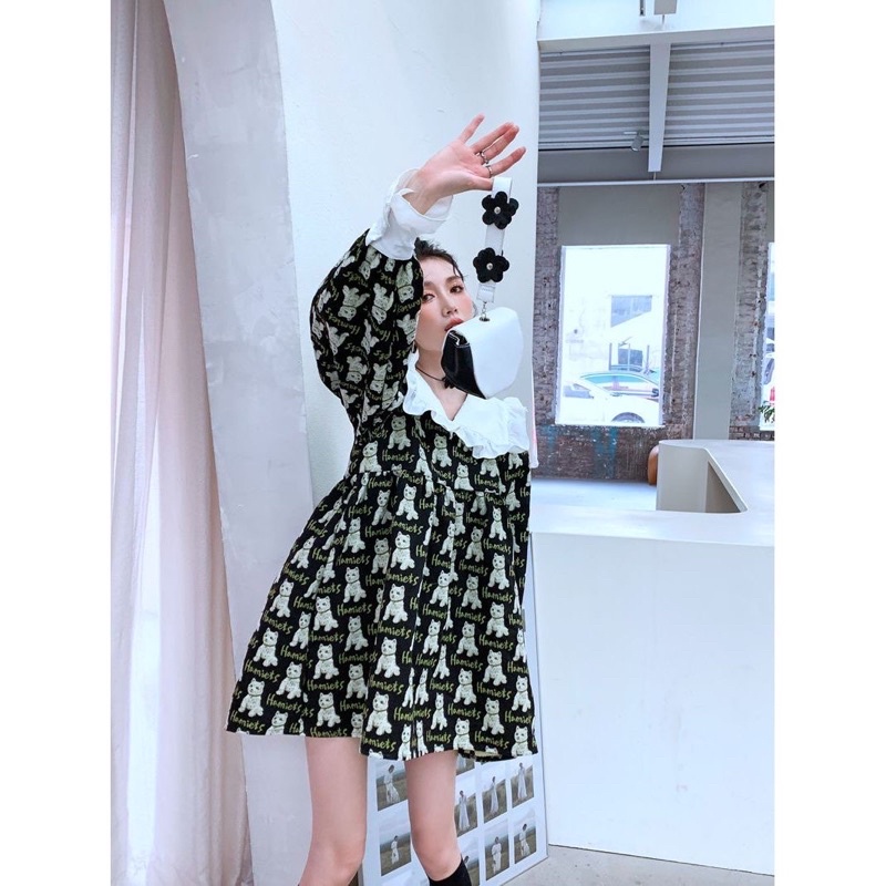 Đầm babydoll tay dài cổ bèo hoạ tiết cún đáng yêu sang chảnh