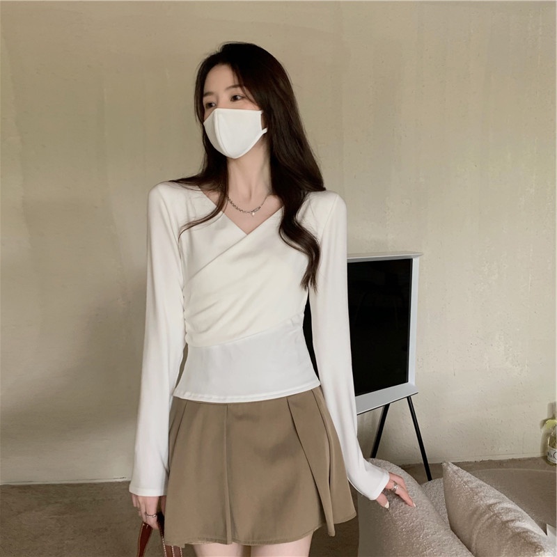 SUXI Áo Thun Tay Dài Cổ Chữ V Màu Sắc Đơn Giản Phong Cách Hàn Quốc