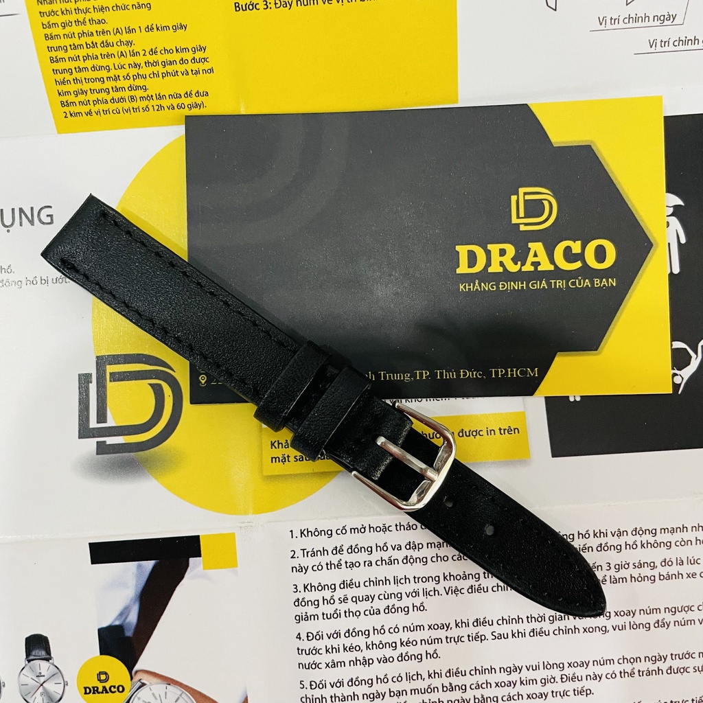 Dây da đòng hồ Draco DDDH04 màu đen - size 14 nữ chấy liệu da bò thật cao cấp