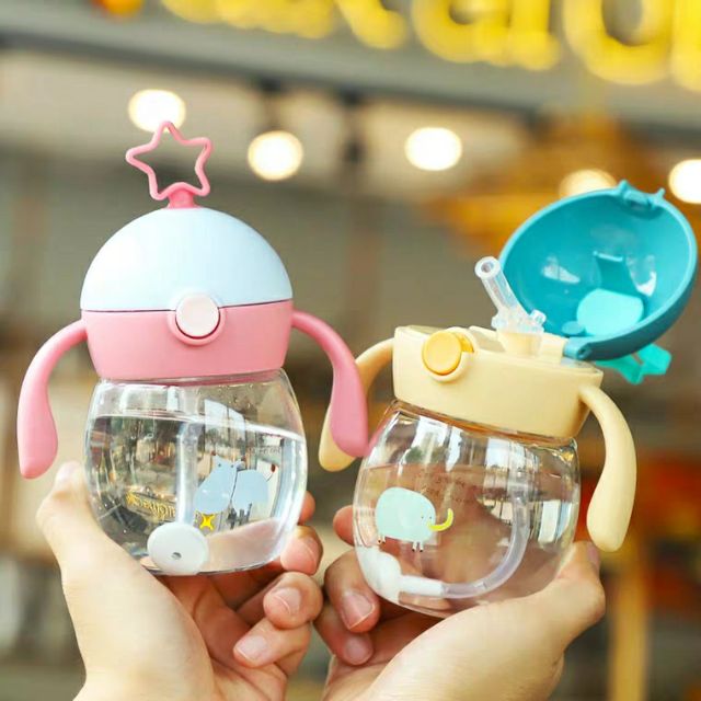 Bình Nước Cho Bé Nhựa Tritan An Toàn Hình Ngôi Sao Sắc Màu Cute 240ml (tặng kèm cọ vệ sinh vòi hút)