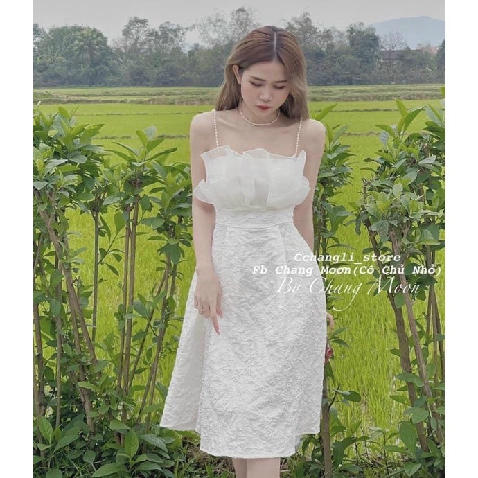 Đầm trắng dự tiệc 2 dây ngọc cúp ngực dáng dài,Váy trắng dạ hội