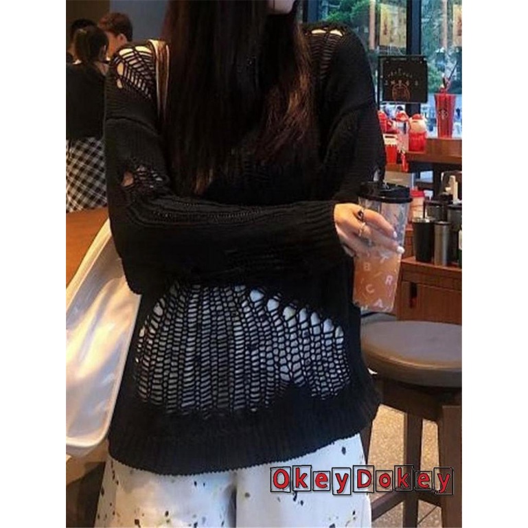 Odokey-y2k Áo Sweater Dệt Kim Chui Đầu Tay Dài Khoét Rỗng Kiểu Harajuku Gothic Mùa Thu