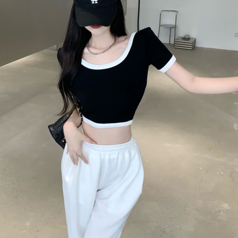 Áo Thun Cổ Chữ u Màu Hồng Thời Trang Mùa Hè Dễ Phối Đồ