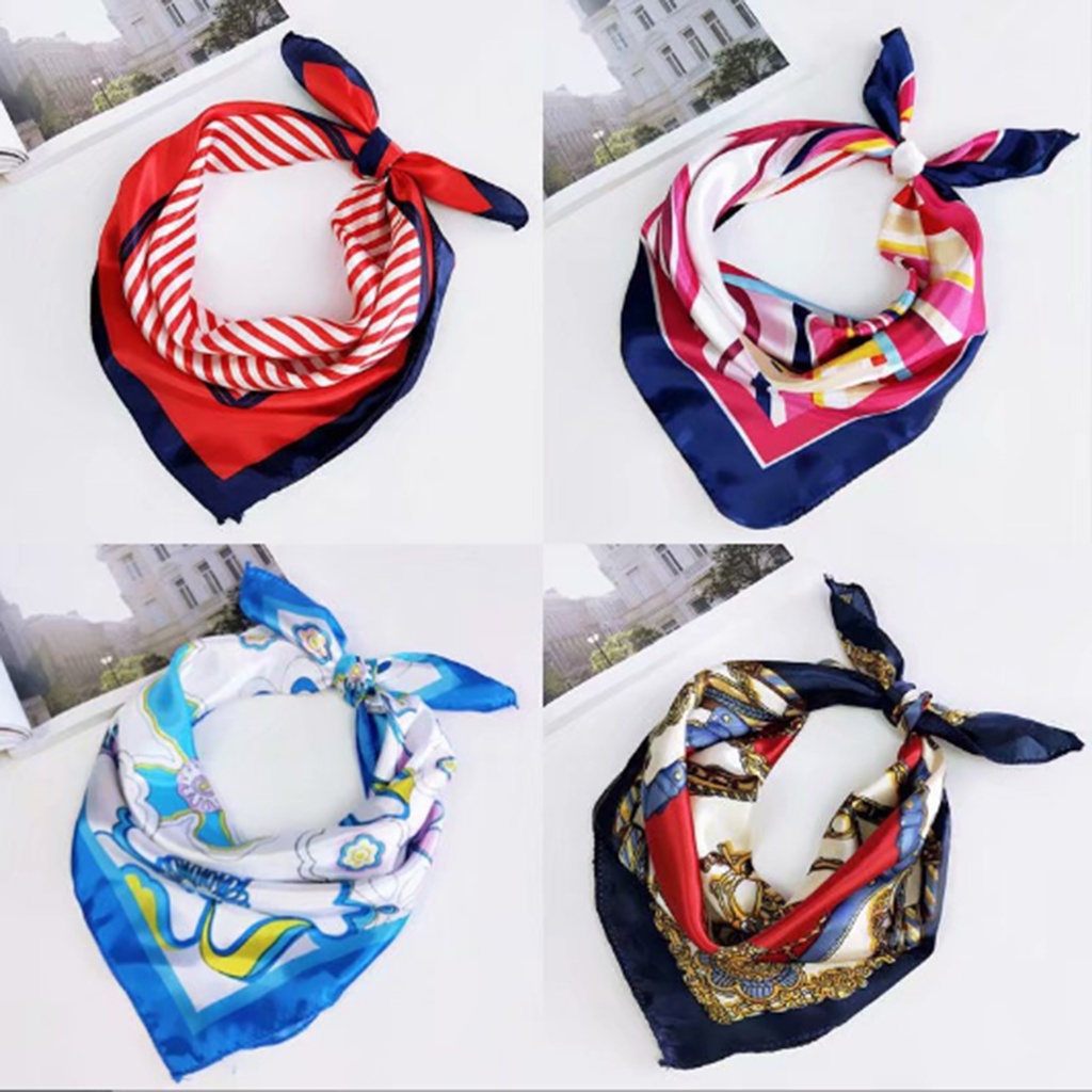 Khăn lụa satin mềm mại quàng cổ kiêm buộc tóc hình vuông phong cách Bandana cổ điển thời trang tinh tế cho nữ