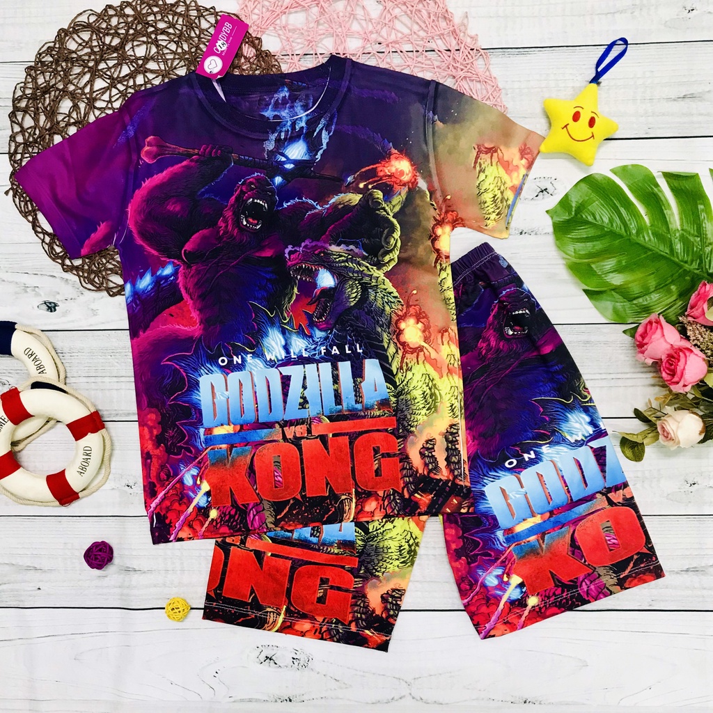 Đồ Bộ Thun in hoạt hình Godzilla - King Kong cho bé trai chất liệu mịn mát in hình 3D từ 10kg - 57kg