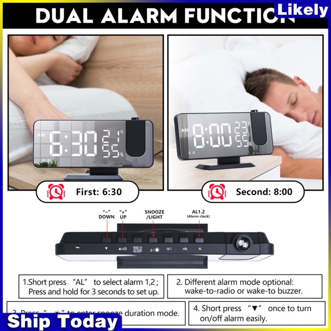 Đồng Hồ Báo Thức Kỹ Thuật Số Có Đèn Led Chiếu Tích Hợp Đài Fm Xoay 180 Độ Độc Đáo