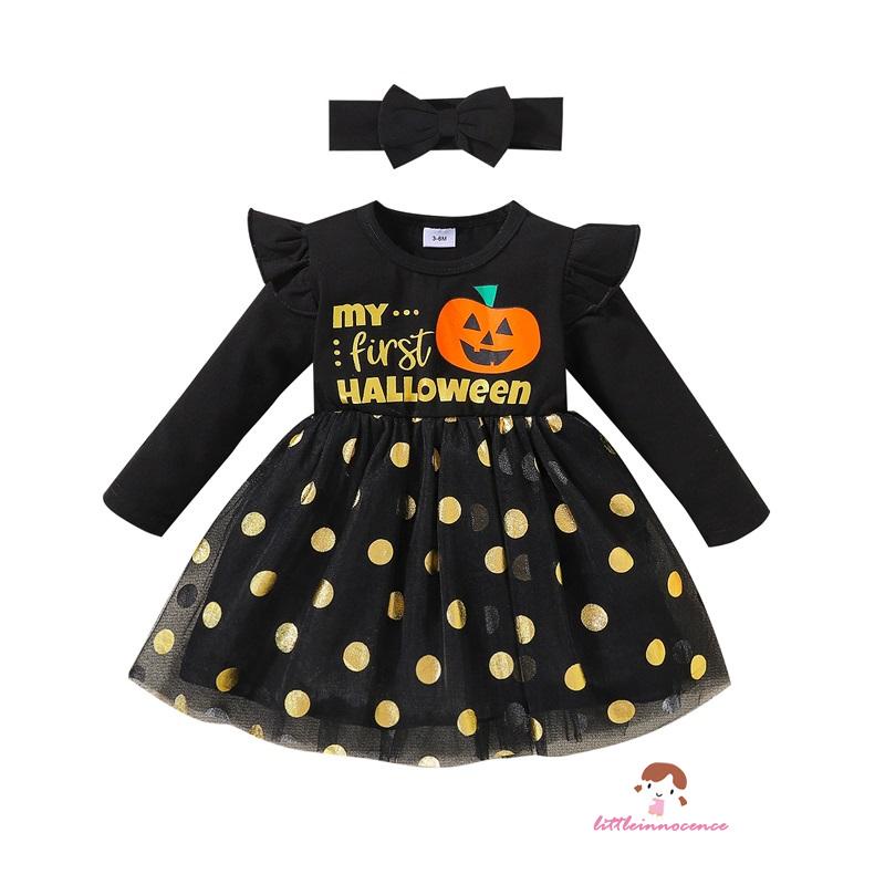 Đầm Tay Dài In Họa Tiết Mặt Bí Ngô Và Chấm Bi Đen Thời Trang Halloween Cho Bé Gái