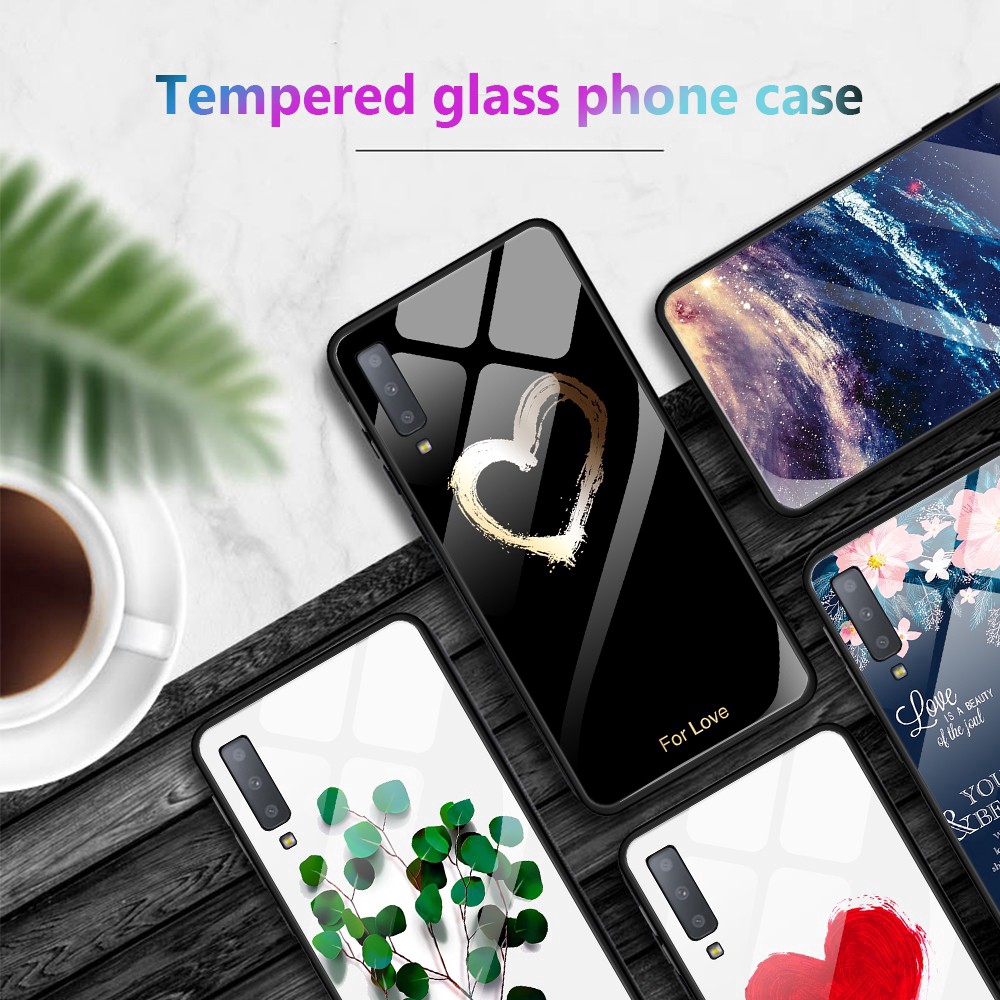Ốp điện thoại mặt kính cường lực in hình hoa lá trái tim cho Samsung A7 2018 | BigBuy360 - bigbuy360.vn