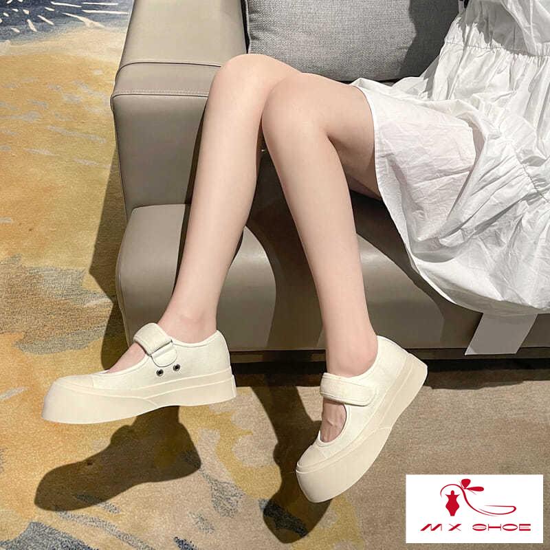 M & X~ Giày Sandal Mary Jane Vải Canvas Màu Trắng Đế Bằng Cho Nữ
