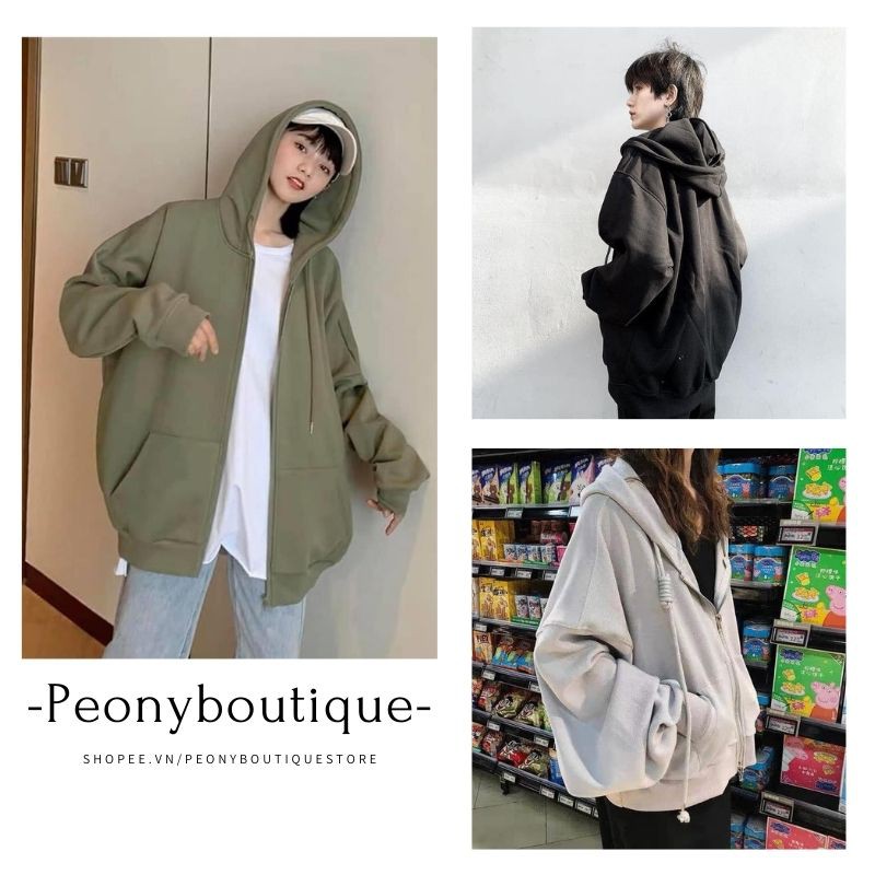 Áo Khoác Hoodie Nỉ Ngoại Unisex [FRESHIP] 🌸 Phông thun dài tay bồng khóa kéo có mũ ulzzang màu Đen | Xám nam nữ  HOT 🌸