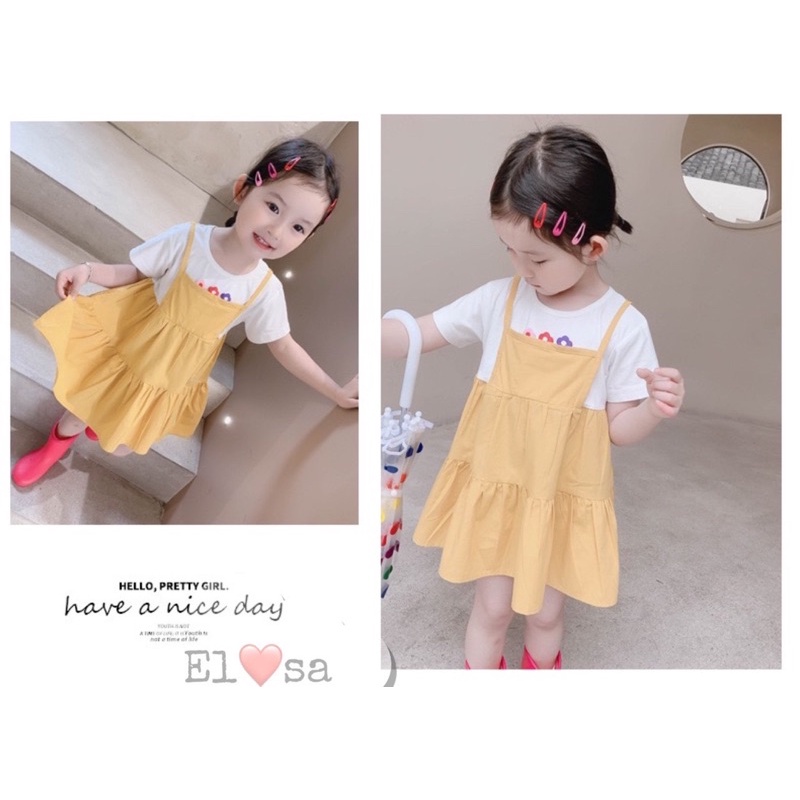 Váy bé gái - Váy giả yếm vải thô họa tiết 3 bông hoa siêu xinh cho bé 1-5 Tuổi