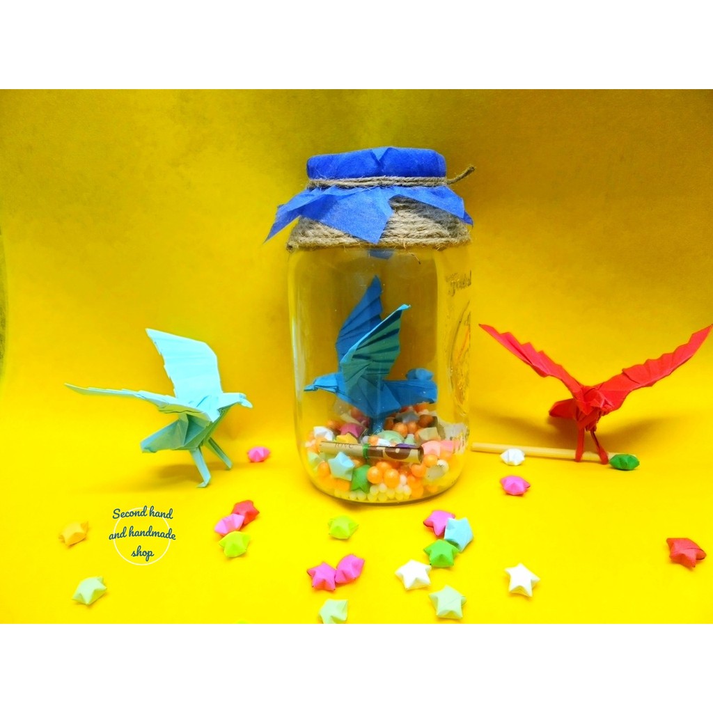 Handmade - Lọ thủy tinh lưu niệm nghệ thuật Giấy xếp Origami Nhật Bản hình chim ưng tung cánh