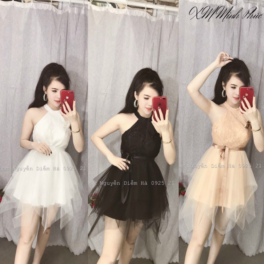 Đầm Váy Nữ Dự Tiệc Dạo Phố,đầm Xòe Cổ Yếm Nơ Eo Ôm Dáng Body Thời Trang Xm Minh Phúc