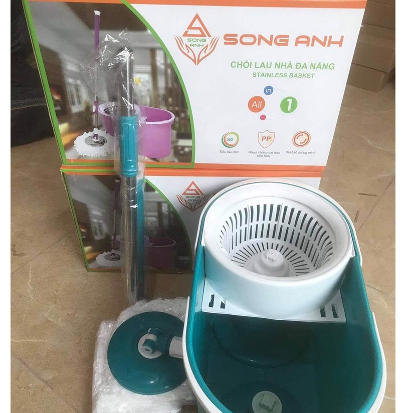 Bộ Chổi Lau Nhà Lồng Nhựa Cây Inox Mâm Nhựa Tặng Kèm 2 Bông Lau Song Anh