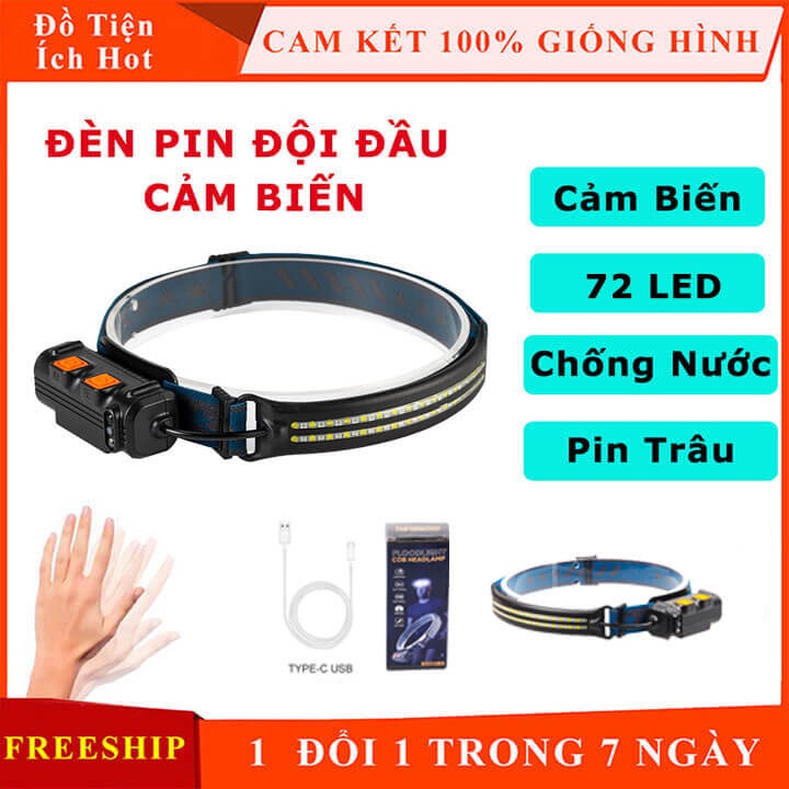 Đèn pin Led đội đầu cảm biến bằng tay 62 Led siêu sáng, chống nước, pin trâu, đèn đeo trán đa năng