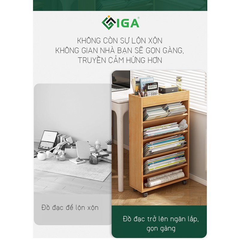 Kệ sách để sàn bàn làm việc máy tính có bánh xe, kệ đa năng 5 tầng văn phòng- GP189.03