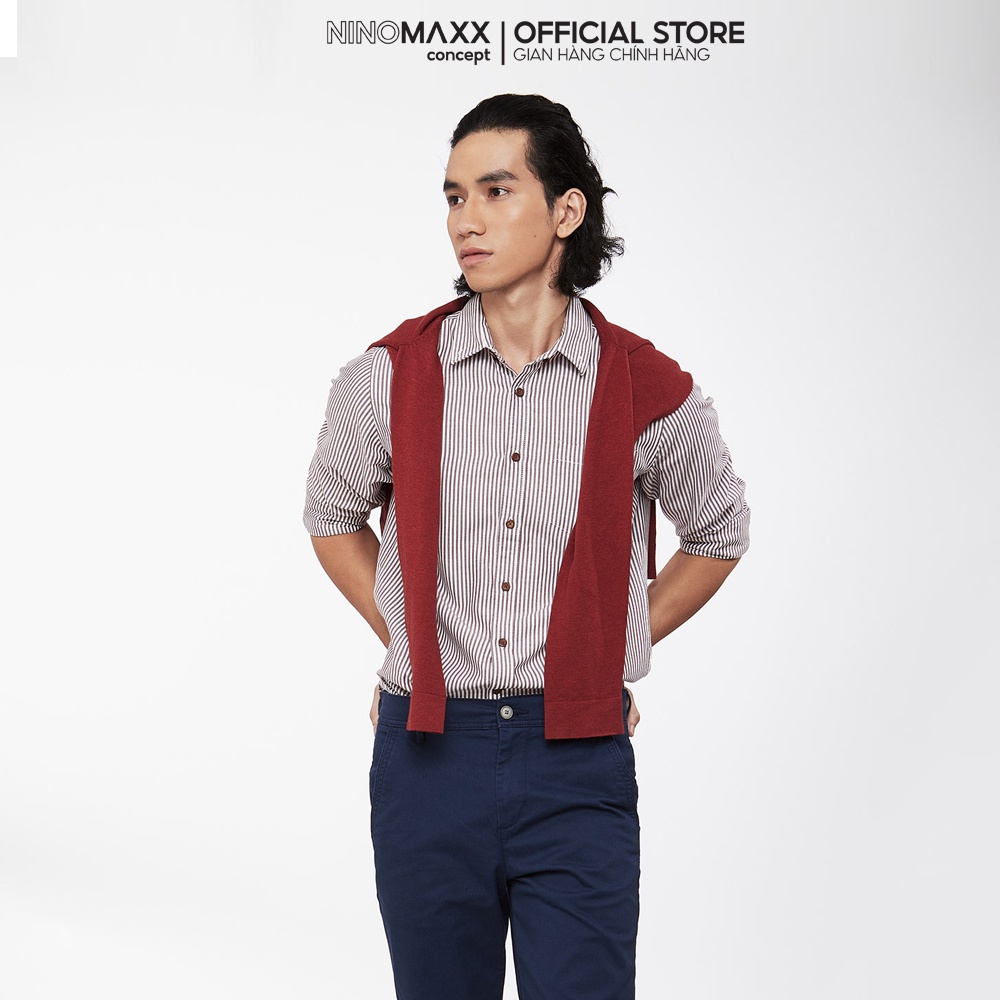 Ninomaxx Áo Sơ Mi Nam dài tay sọc đỏ đô 100% cotton 1908009