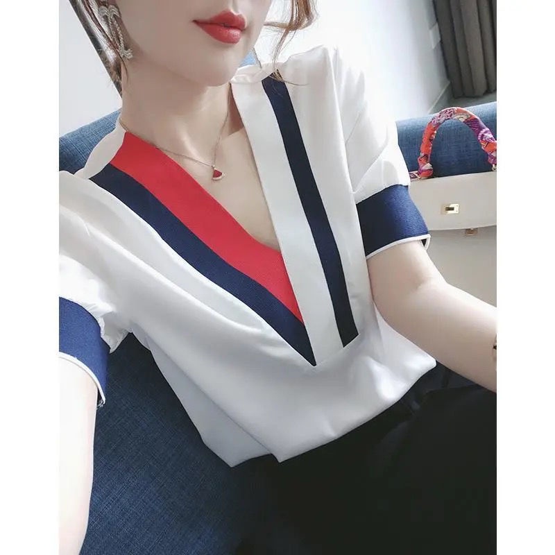 Áo Sơ Mi Chiffon Tay Ngắn Dáng Rộng Cổ Chữ V Màu Sắc Tương Phản Phong Cách Hàn Quốc Cho Nữ Có Size Lớn