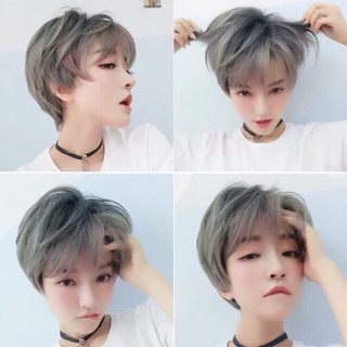 Tóc giả nguyên đầu TOMBOY xám khói- tặng chùm lưới