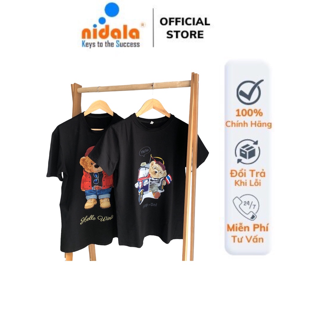 Áo thun cổ tròn 100% cotton cao cấp nam nữ Nidala in gấu trẻ trung thấm hút cực tốt, mềm mịn không phai màu
