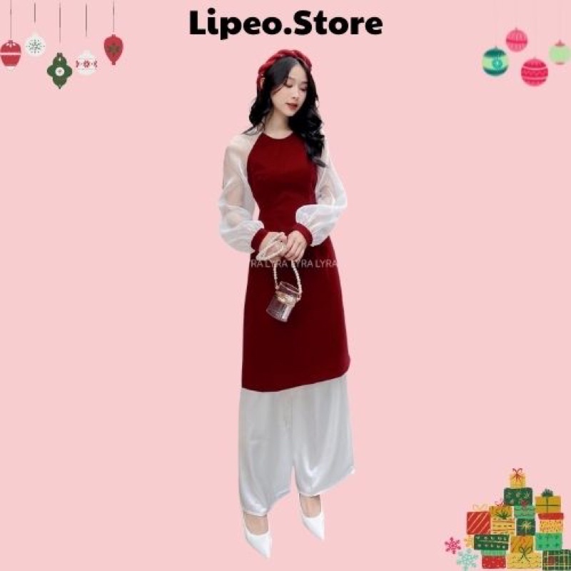 Áo dài đỏ phối tay voan tơ bồng kèm mấn siêu xinh