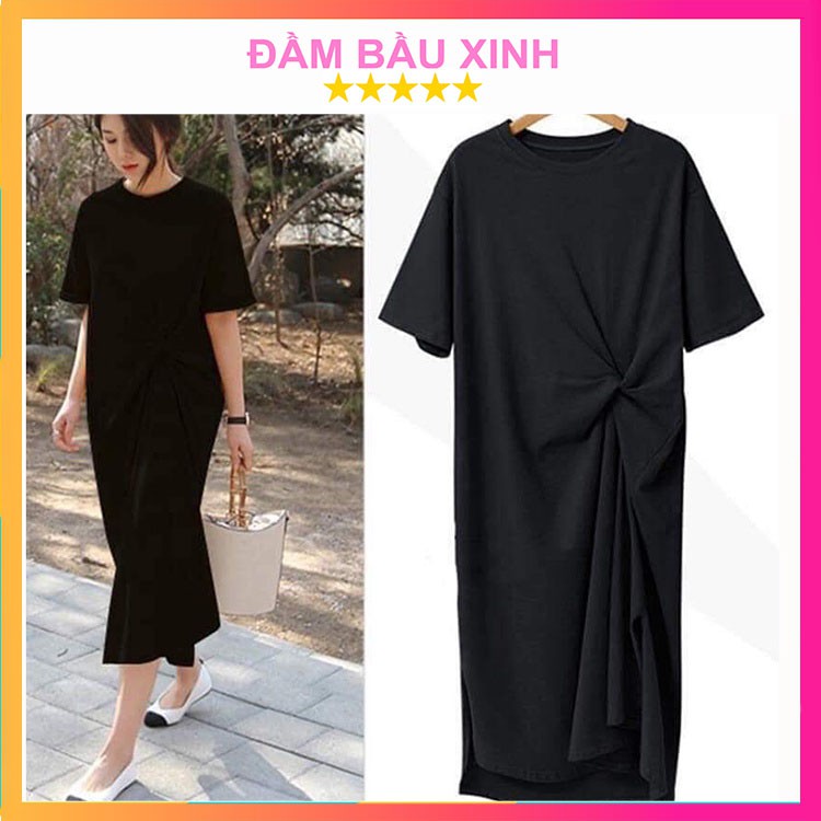 Đầm Thun Suông Xoắn Eo Phía Trước Váy Phông Dáng Dài Ngắn Tay Co Dãn Thoáng Mát