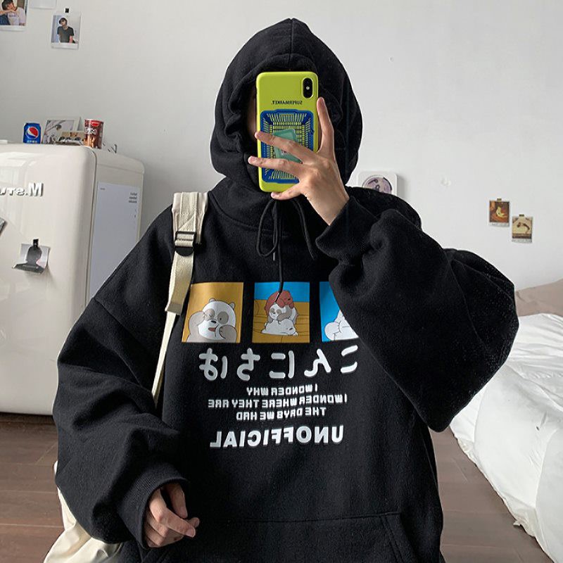 Áo hoodie dáng rộng in họa tiết hoạt hình dễ thương cho cặp đôi