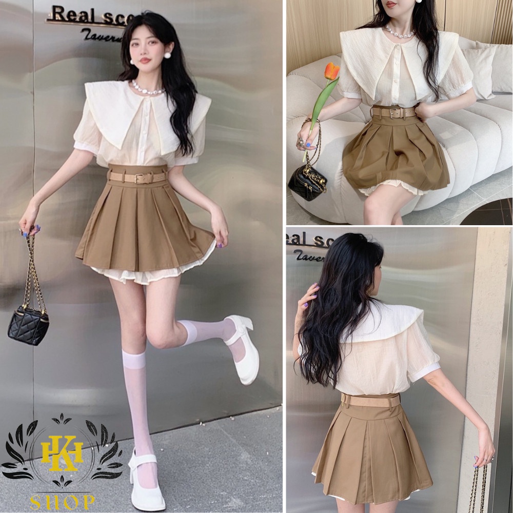 Set Váy + Áo Sơ Mi  Chân Váy Xếp Ly Có Đai Rời Kèm Áo Sơ Mi Cổ Nhọn Siêu Xinh Hk Shop9720