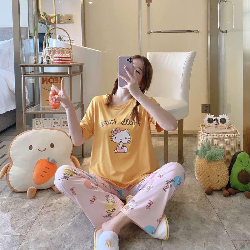 Đồ bộ thun cotton quần dài, đồ mặc ở nhà Quảng Châu, pijama họa tiết hoạt hình dễ thương