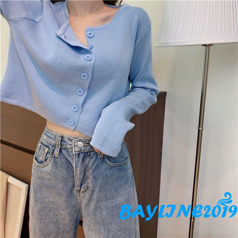 Áo Croptop Tay Dài Màu Sắc Đơn Giản Cho Nữ