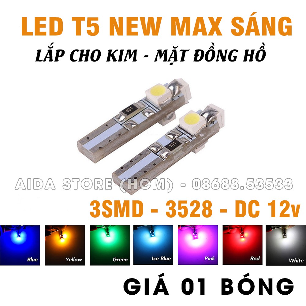 Bóng đèn led T5 3SMD 3528 gắn kim, mặt đồng hồ xe máy, ô tô DC12v