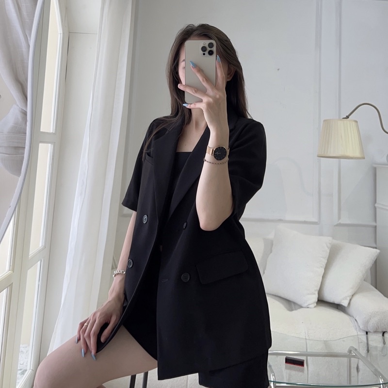Set đồ nữ công sở gồm áo khoác blazer nữ 1 lớp tay ngắn kèm quần short màu đen basic hàng thiết kế Huien Design