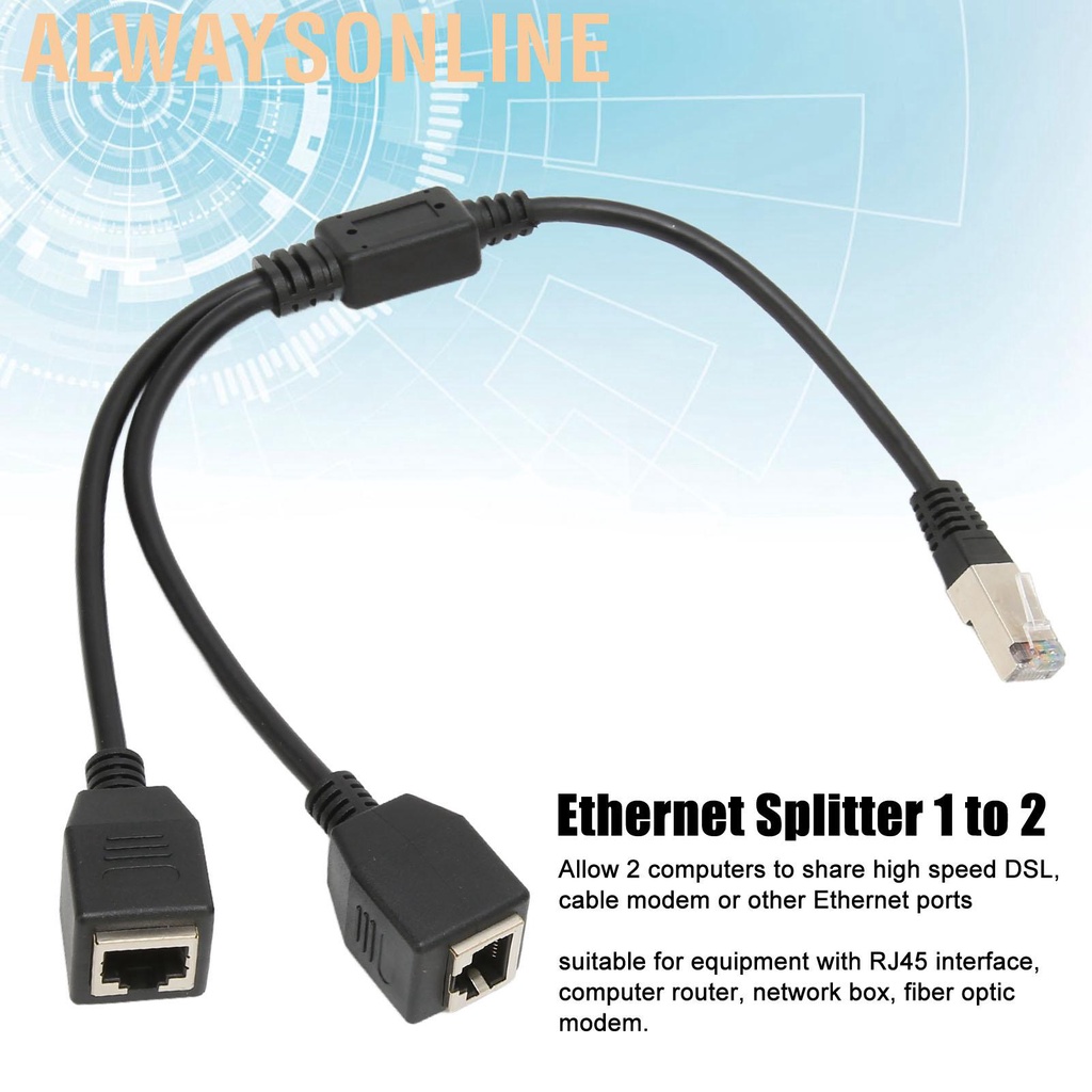 Alwaysonline RJ45 Ethernet Splitter Cable 1 Male to 2 Female Port Stable Fast Transmission Cat5 for Router Modem