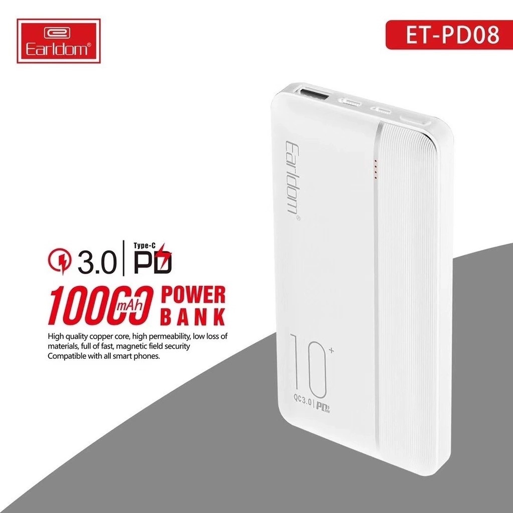 Sạc Dự Phòng Earldom 10.000mAh Sạc Nhanh QC 3.0 PD08 Chính Hãng Bảo Hãnh 12 Tháng