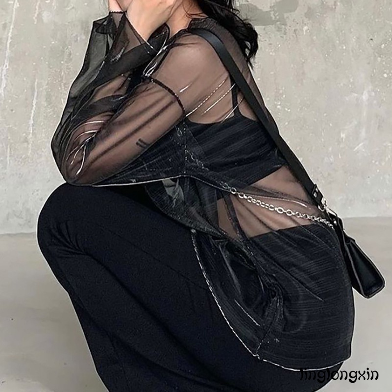 Áo croptop lưới tay dài in màu thời trang cho nữ