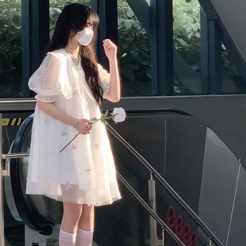 Đầm Tay Phồng Cổ Búp Bê Phối Lưới Phong Cách Hàn Quốc Thời Trang Mùa Hè Xinh Xắn Cho Nữ