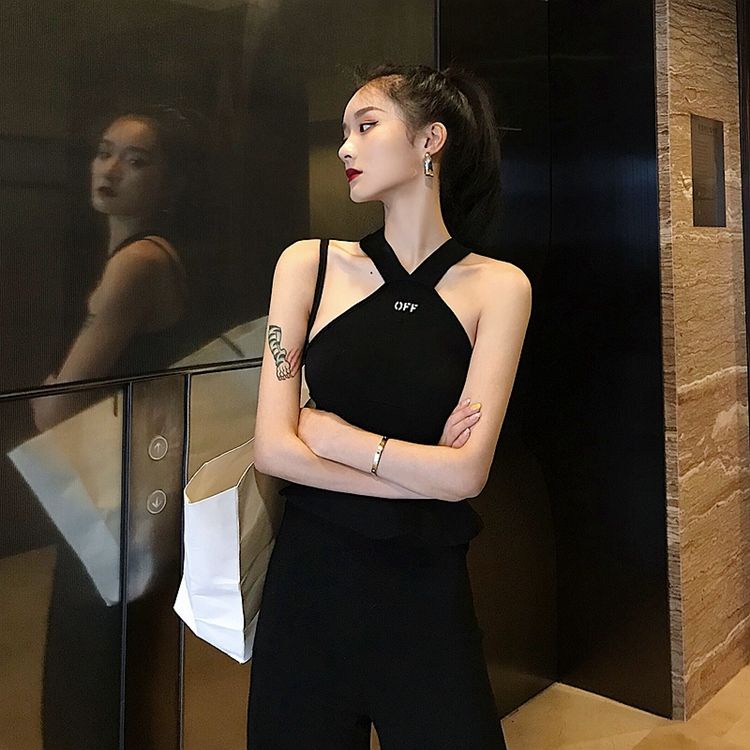 Áo dệt kim không tay cổ chữ V hở lưng phong cách Hong Kong quyến rũ cho nữ