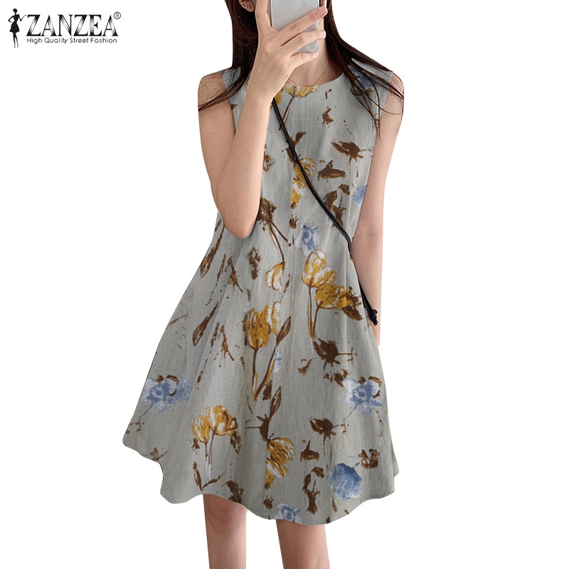 Đầm Zanzea ngắn không tay cổ tròn in họa tiết hoa phong cách Vintage Hàn Quốc dành cho nữ